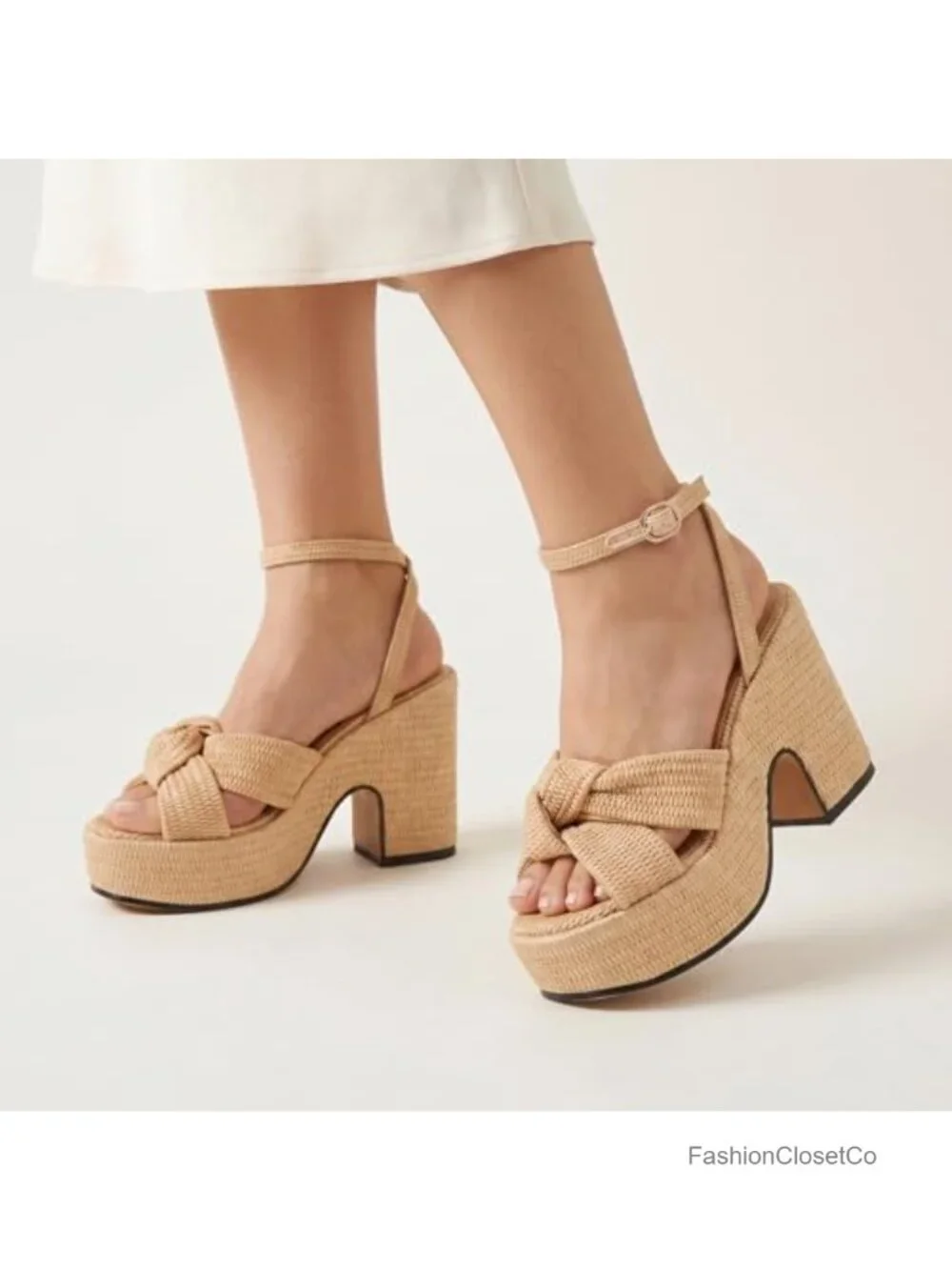 Raffia Platform Sandals, Comfortable Block Heel with Adjustable Ankle Strap